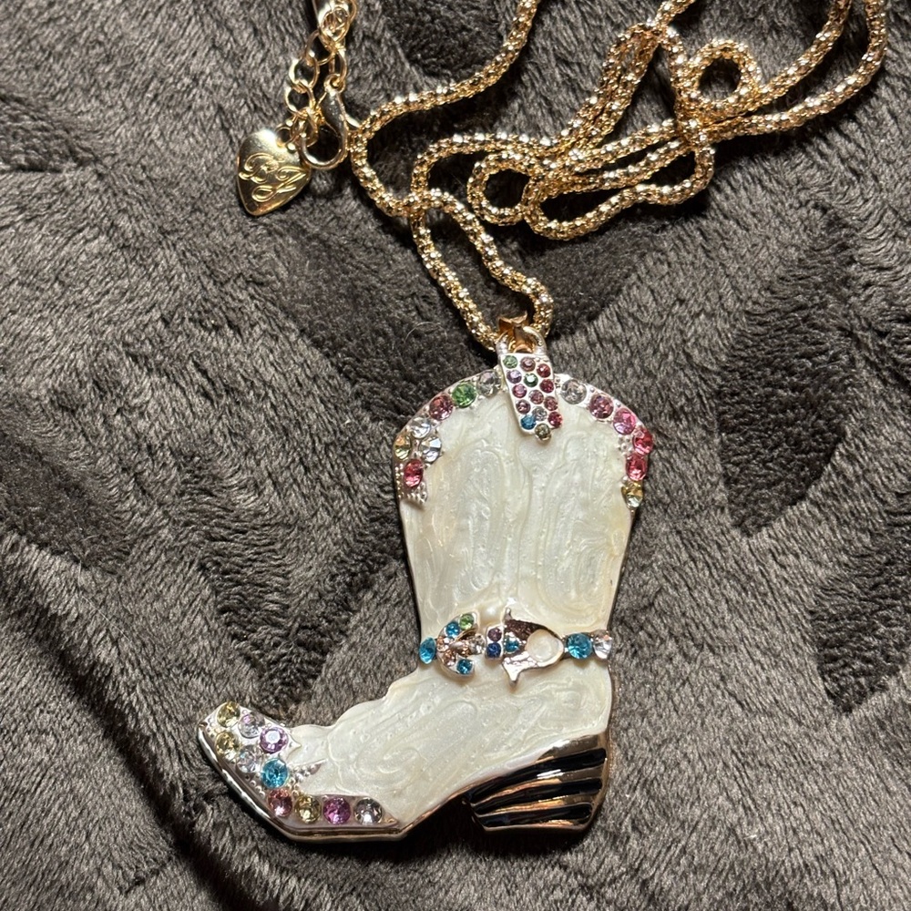 Cowboy Boot Necklace, NWT, 28” chain, White with multi colored crystals